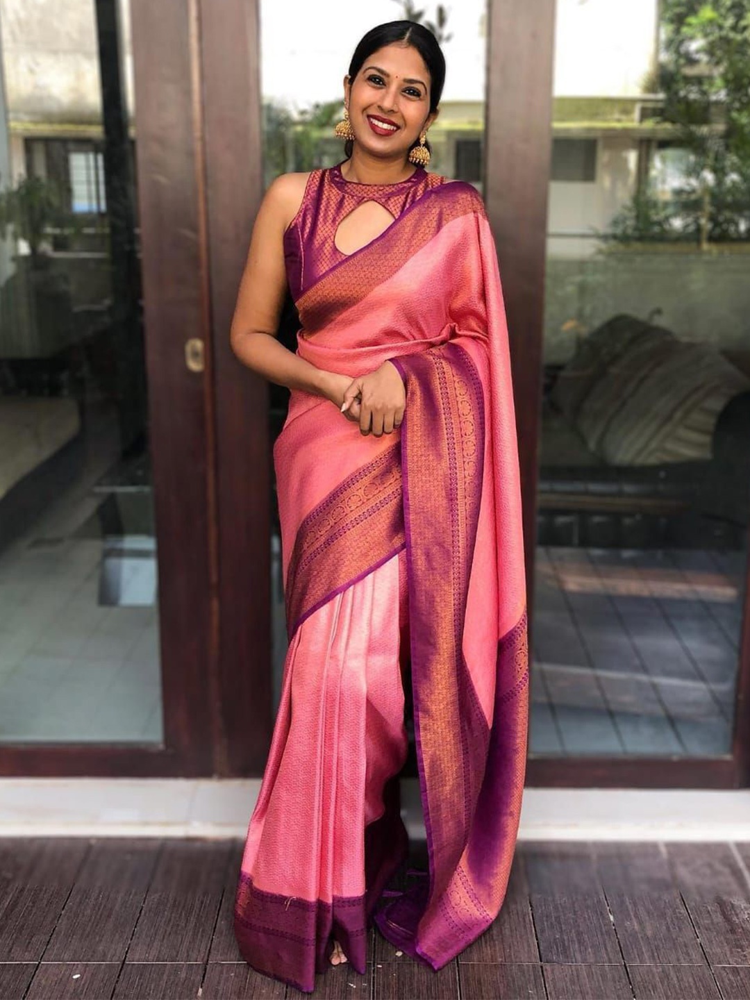 

Areca Designer Woven Design Pure Silk Banarasi Saree, Pink
