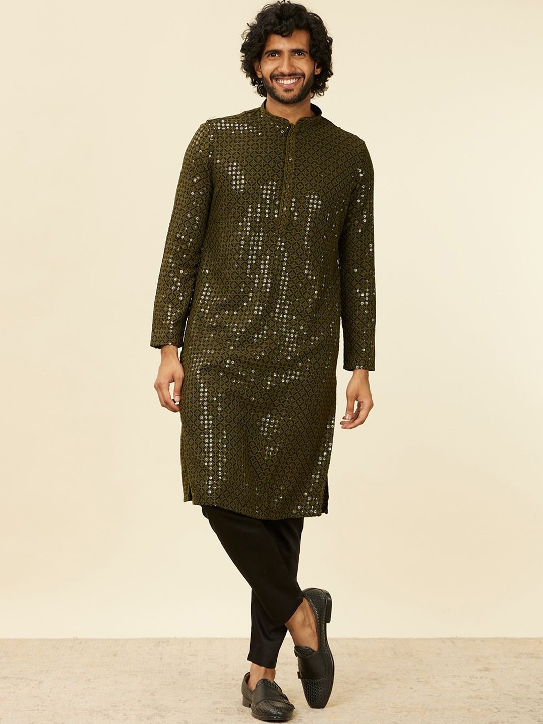 

Manyavar Men Embroidered Regular Sequinned Kurta with Pyjamas, Olive