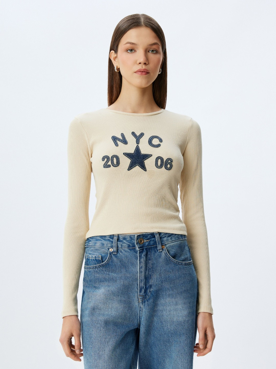 

Koton Women Typography Printed Applique T-shirt, Beige