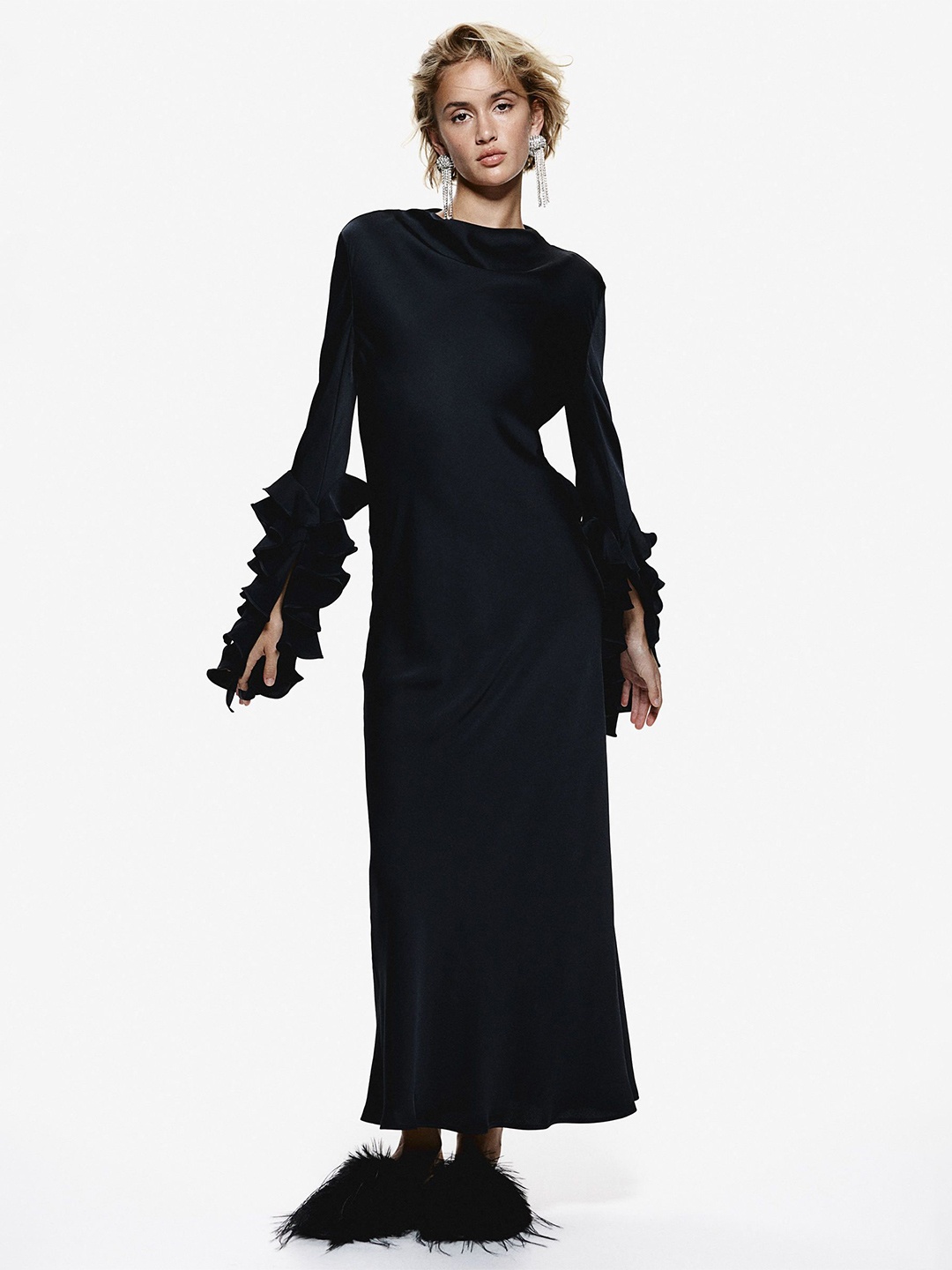

H&M Ruffle-Sleeve Satin Dress, Black
