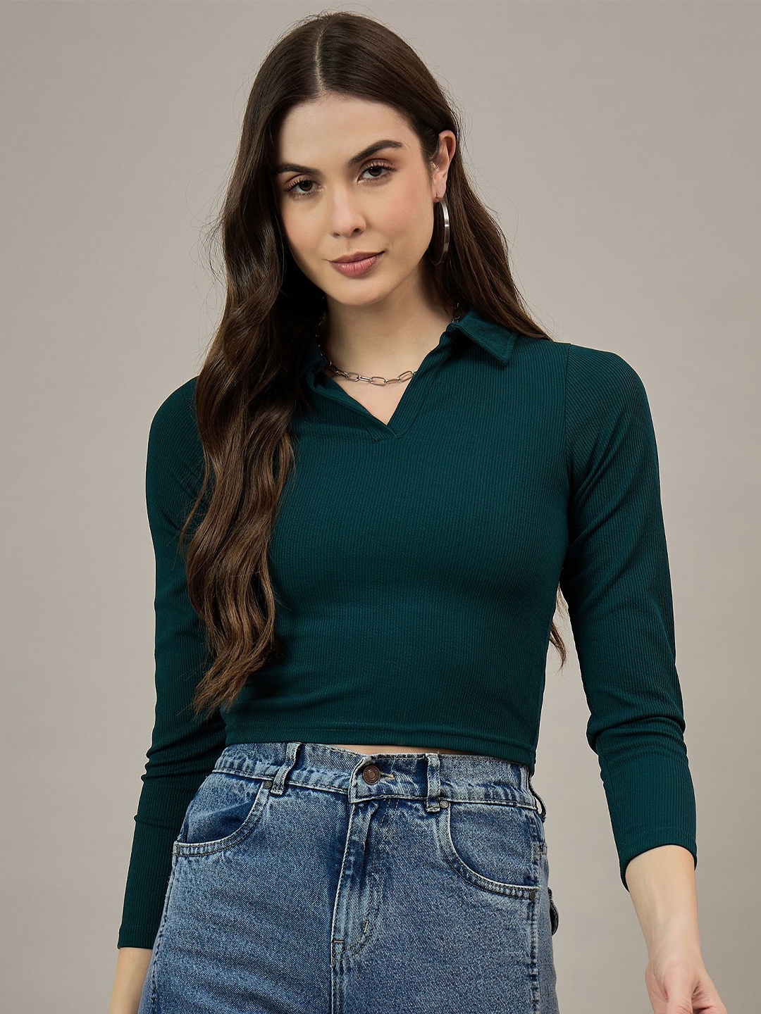 

The Roadster Lifestyle Co Women Long Sleeves Crop Tops, Teal