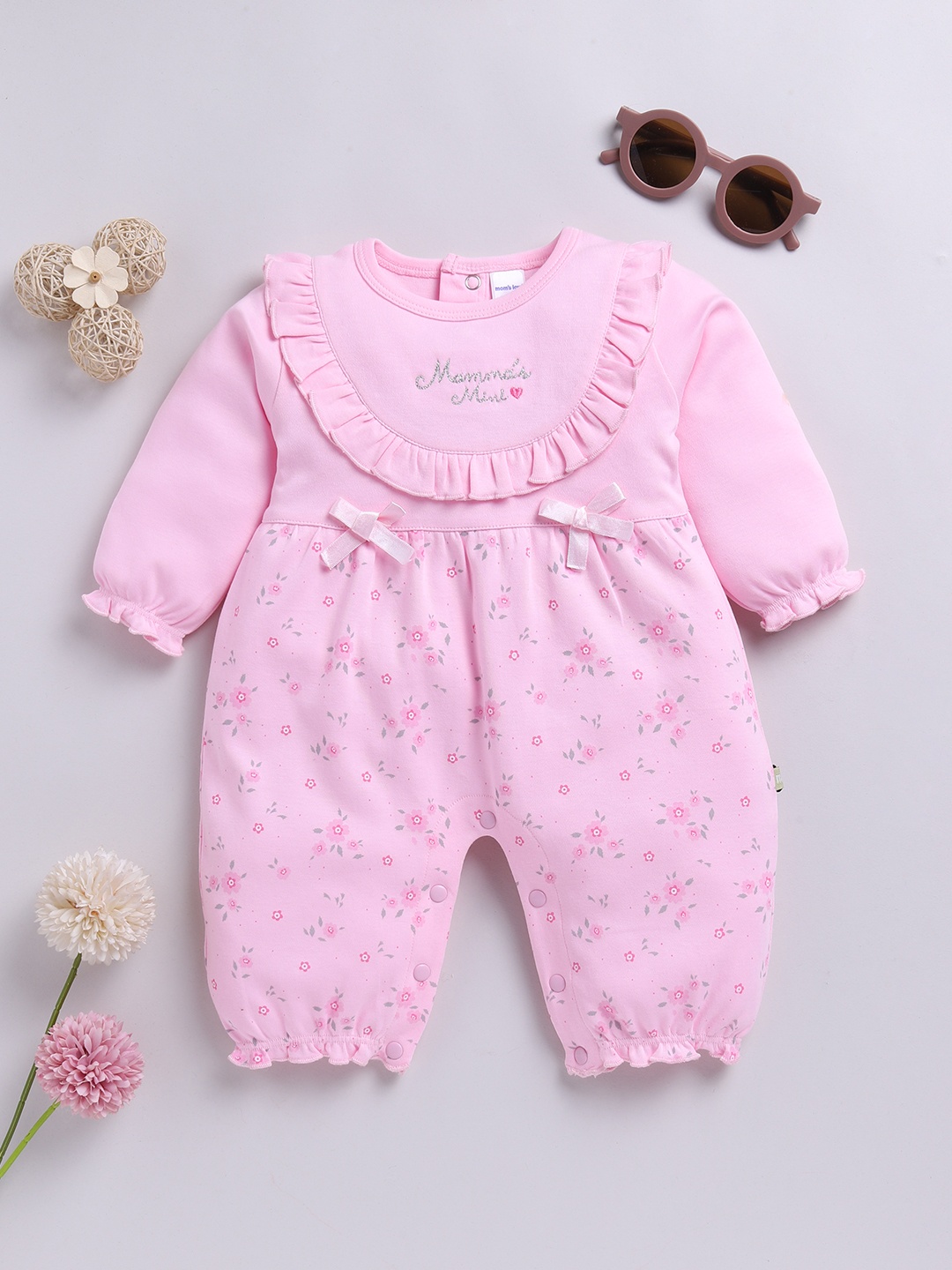 

Moms Love Infant Girls Floral Print Pure Cotton Rompers With Ruffle Detail, Pink