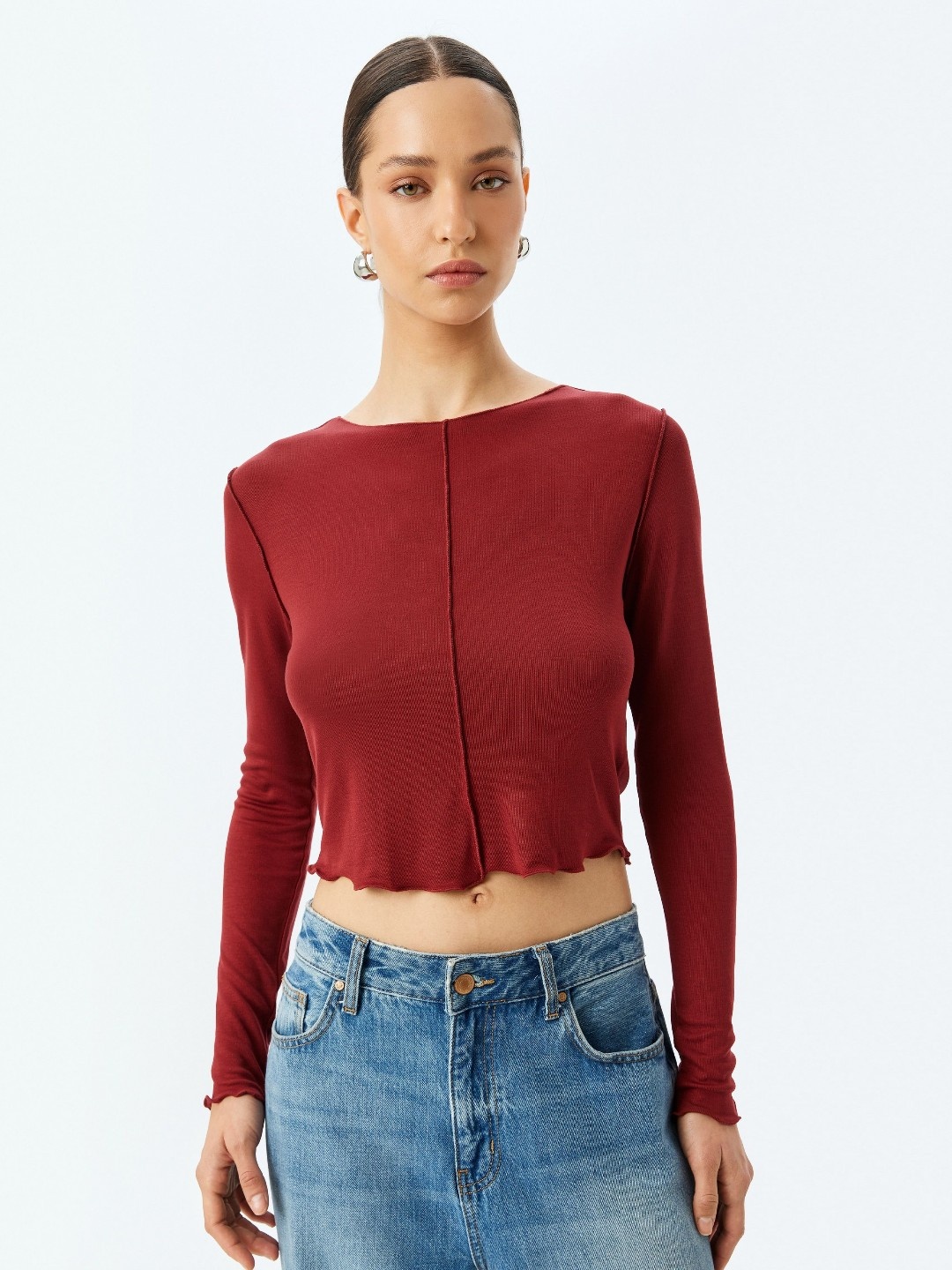 

Koton Women Henley Neck Extended Sleeves Raw Edge T-shirt, Maroon