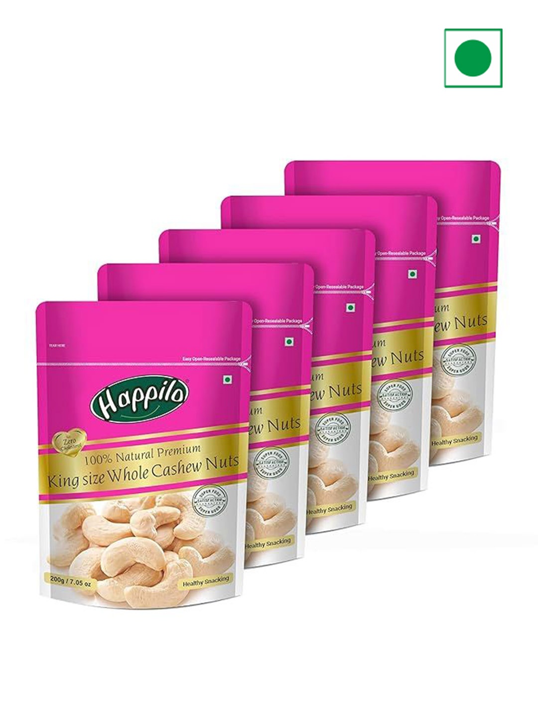 

Happilo Set Of 5 Whole Cashew Nuts- 200g Each, Pink