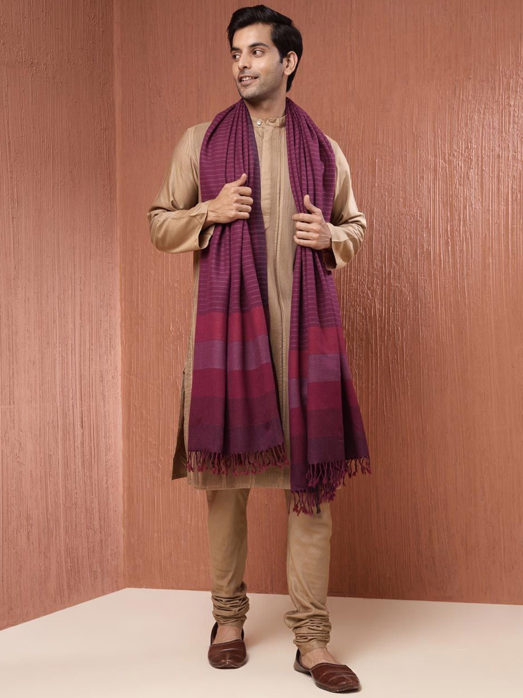 

Fabindia Striped Tasselled Shawl, Purple