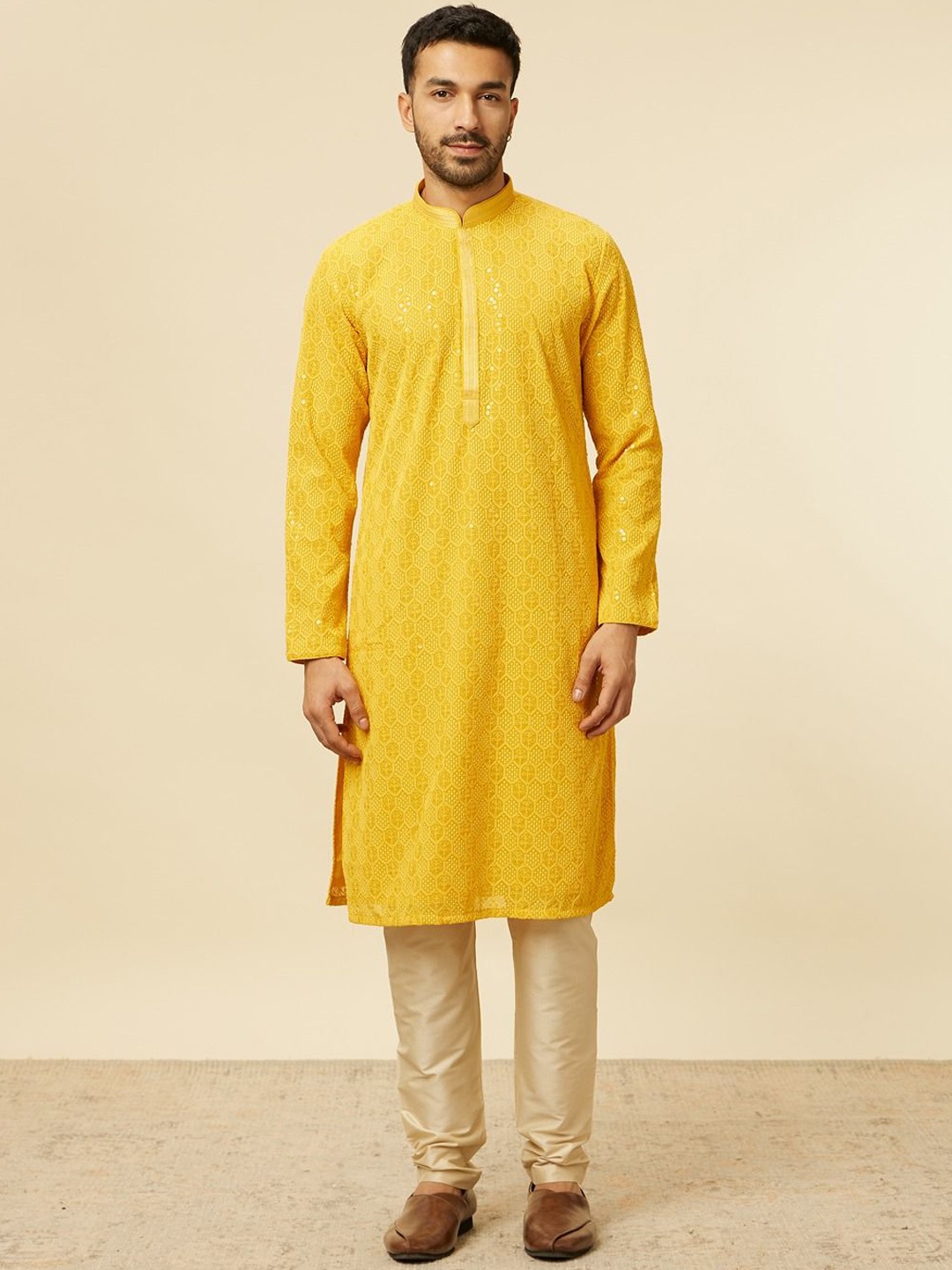 

Manyavar Men Embroidered Regular Sequinned Kurta with Pyjamas, Mustard