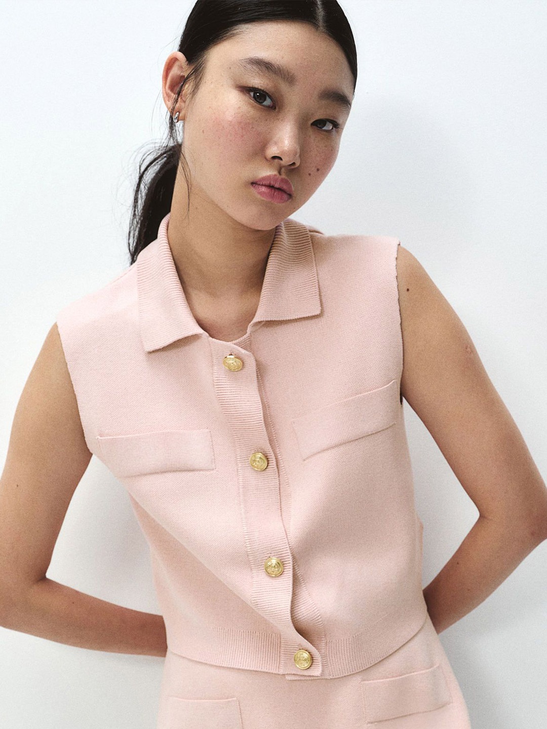 

H&M Fine-Knit Button-Front Top, Pink