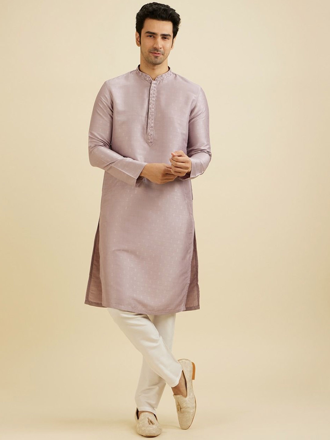 

Manyavar Men Regular Thread Work Kurta with Pyjamas, Purple
