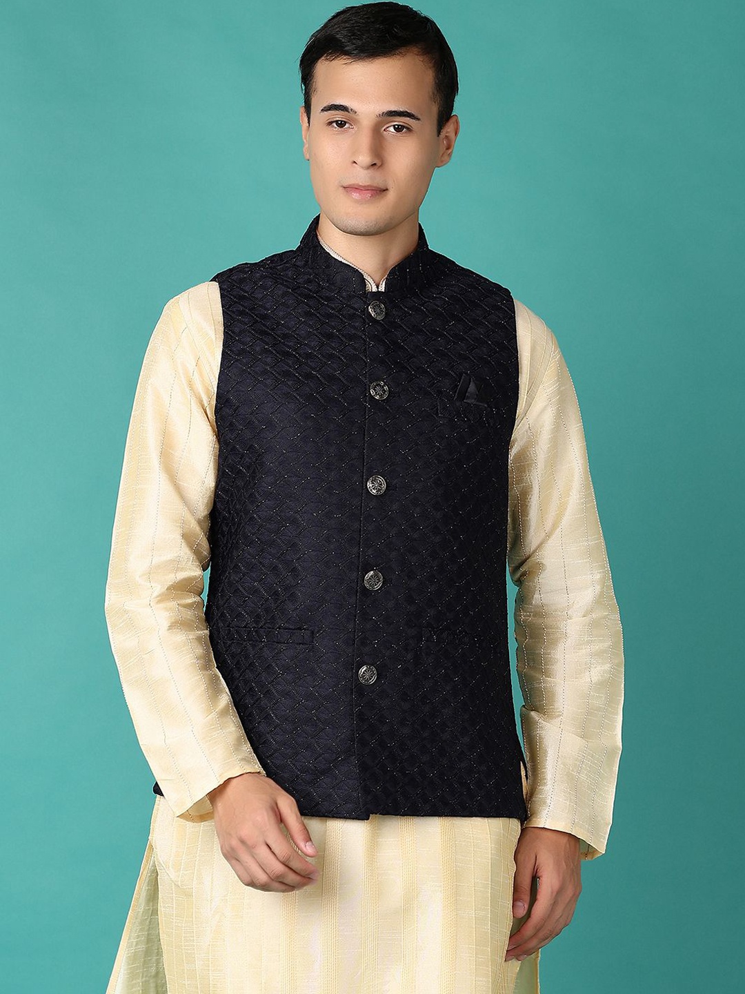 

V-Mart Self Design Woven Nehru Jacket, Navy blue