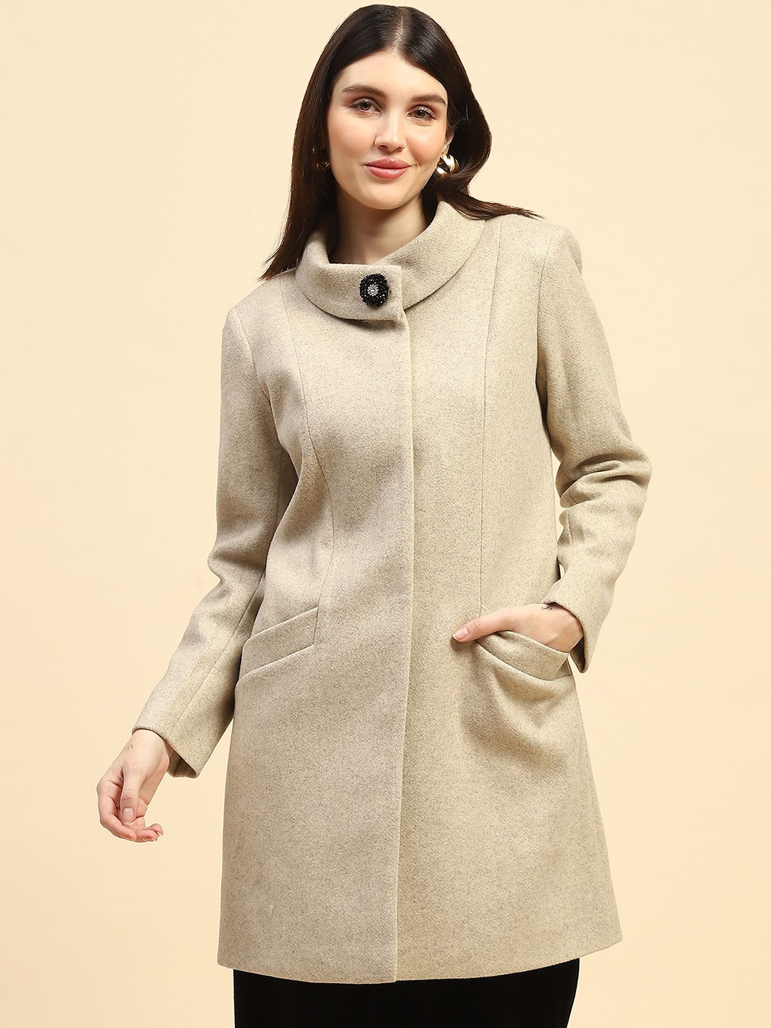 

Global Republic Women Mock Collar Overcoat, Beige