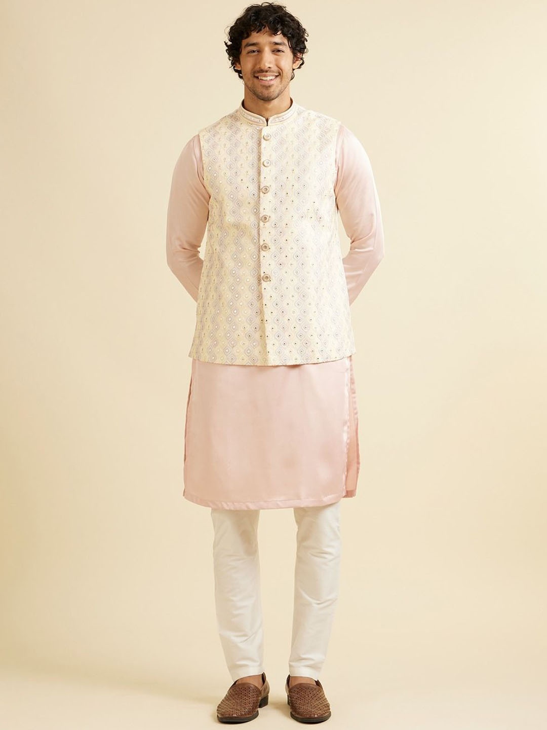 

Manyavar Embroidered Woven Nehru Jackets, Beige