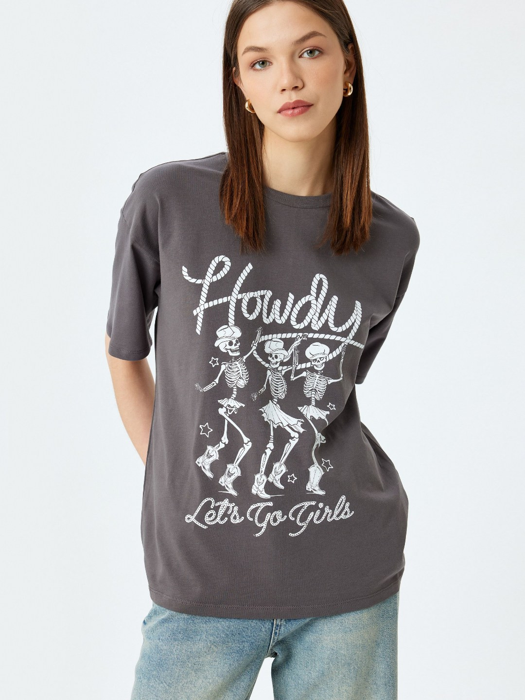

Koton Women Biker Printed Extended Sleeves T-shirt, Grey