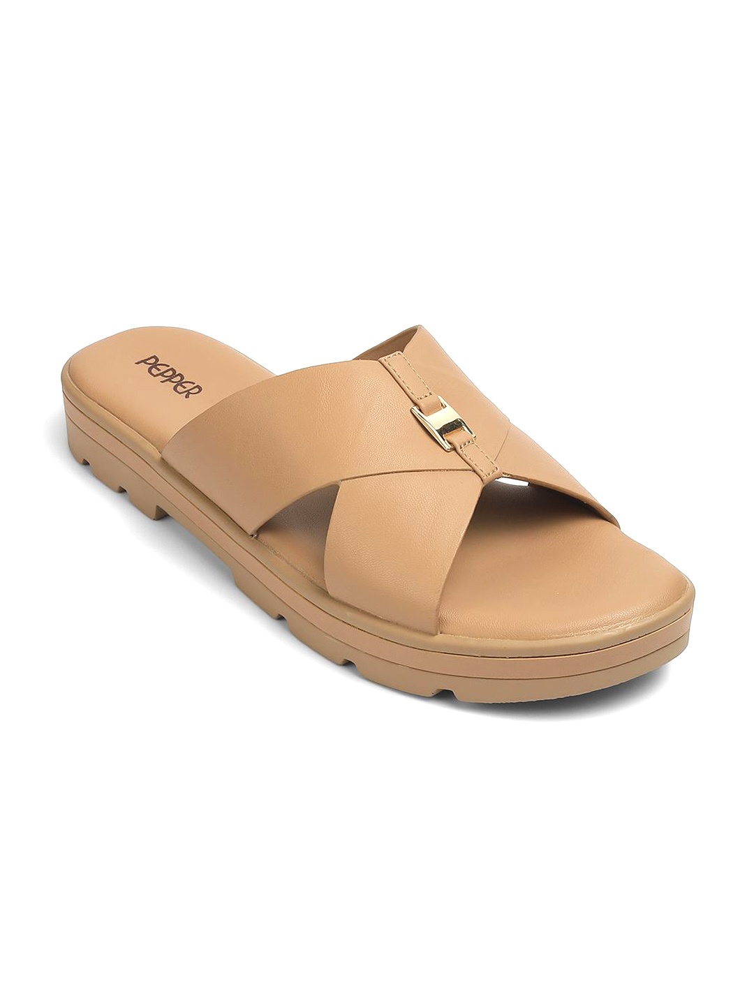 

PEPPER Women Open Toe Flats with Buckles, Tan