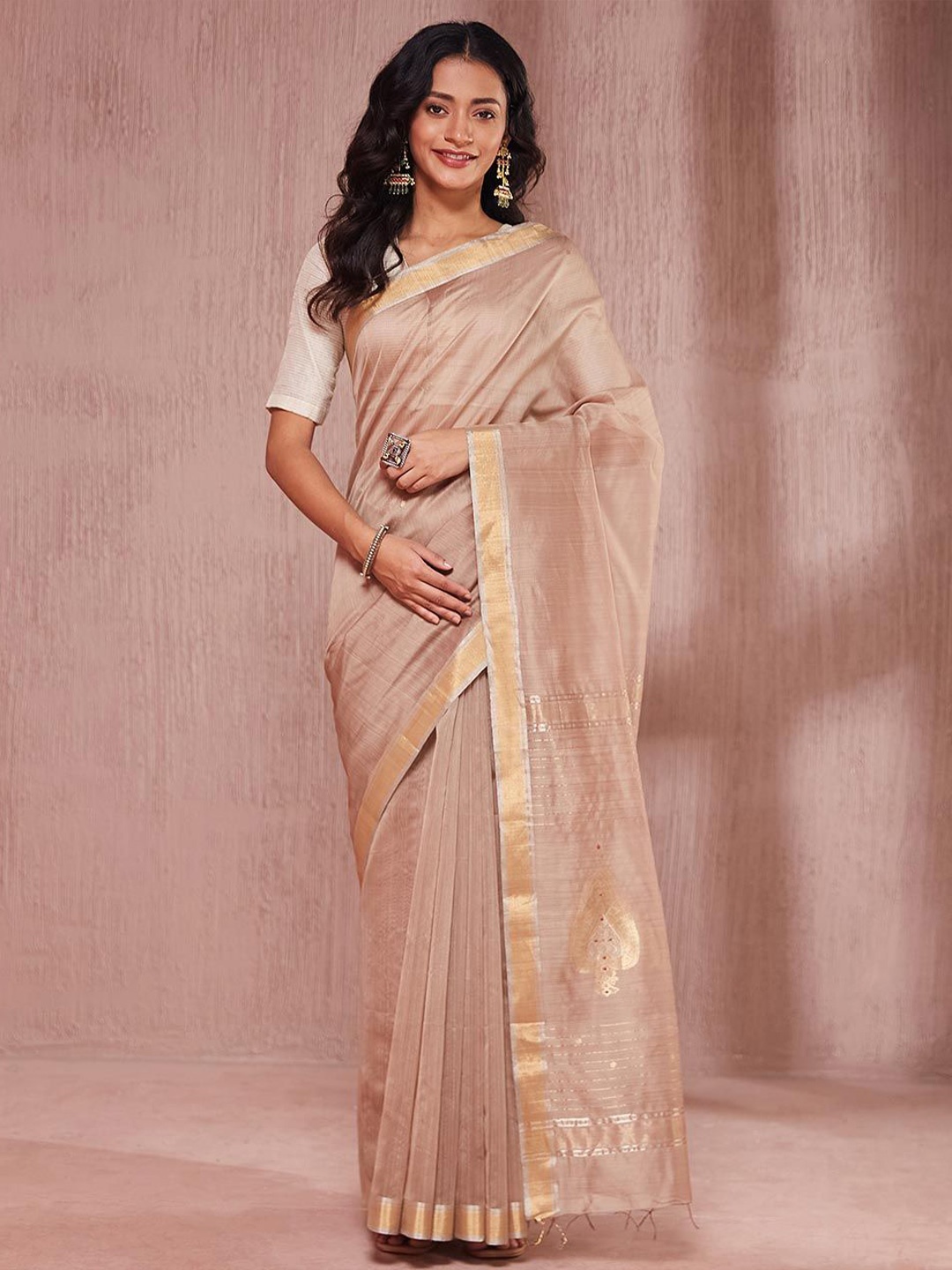 

Fabindia Solid Zari Saree, Beige