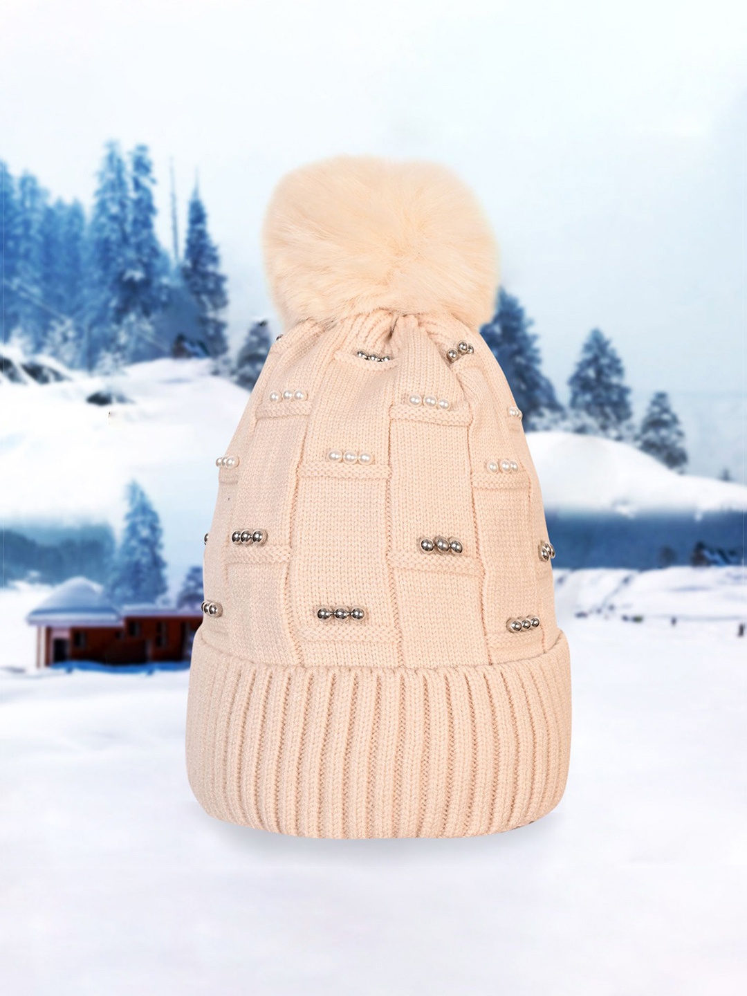 

LOOM LEGACY Women Embroidered Beanie, Cream