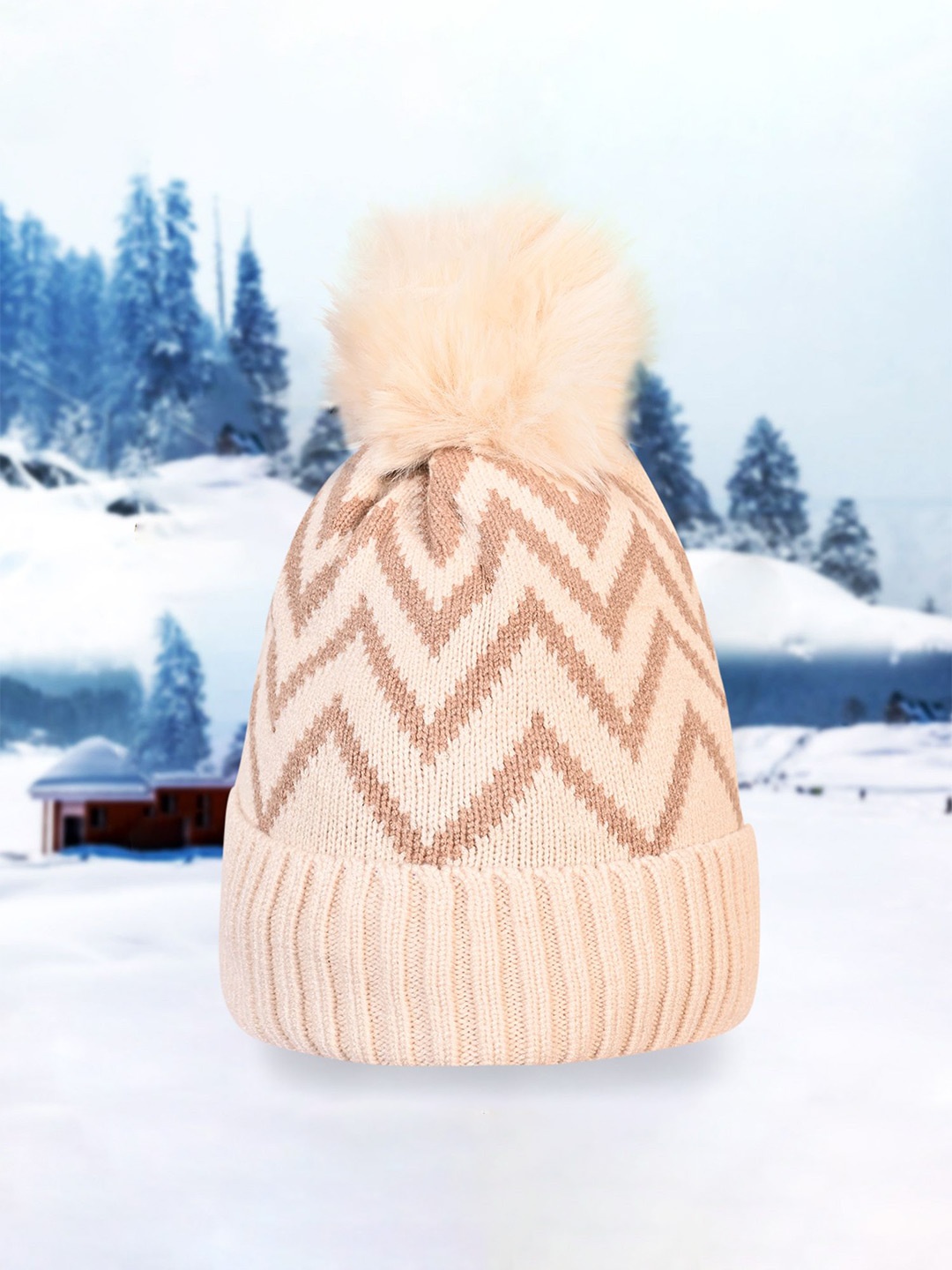 

LOOM LEGACY Women Printed Beanie Cap, Cream