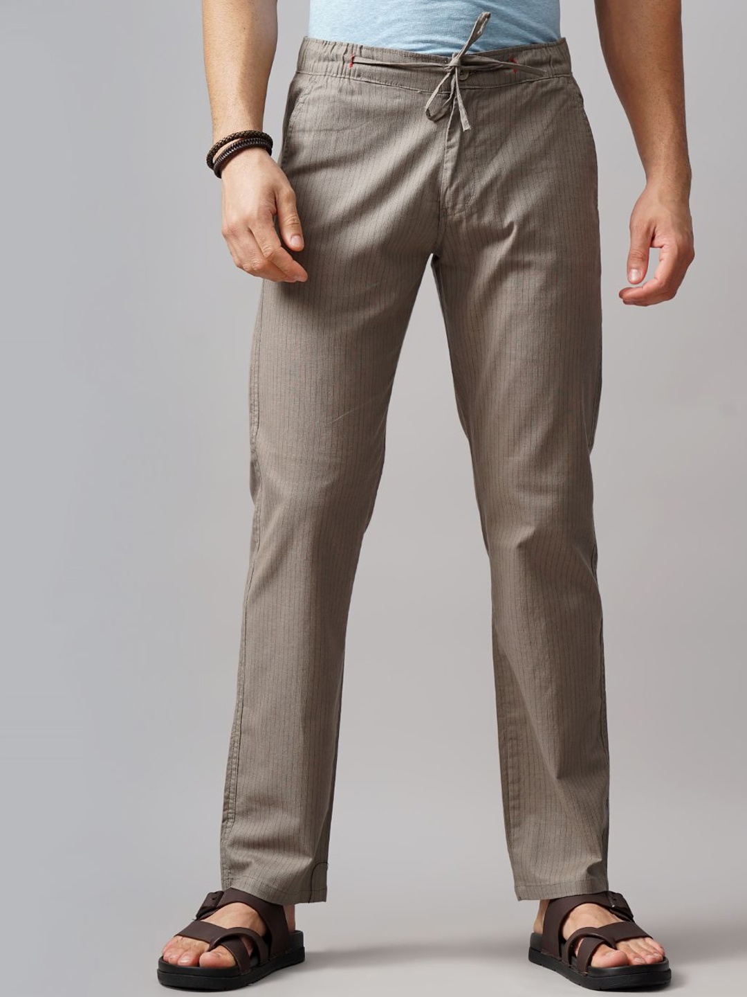 

PAUL STREET Men Striped Relaxed Straight Fit Trousers, Taupe