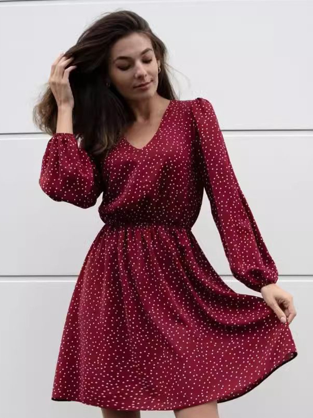 

StyleCast Polka Dot Bishop Sleeve A-Line Dress, Maroon