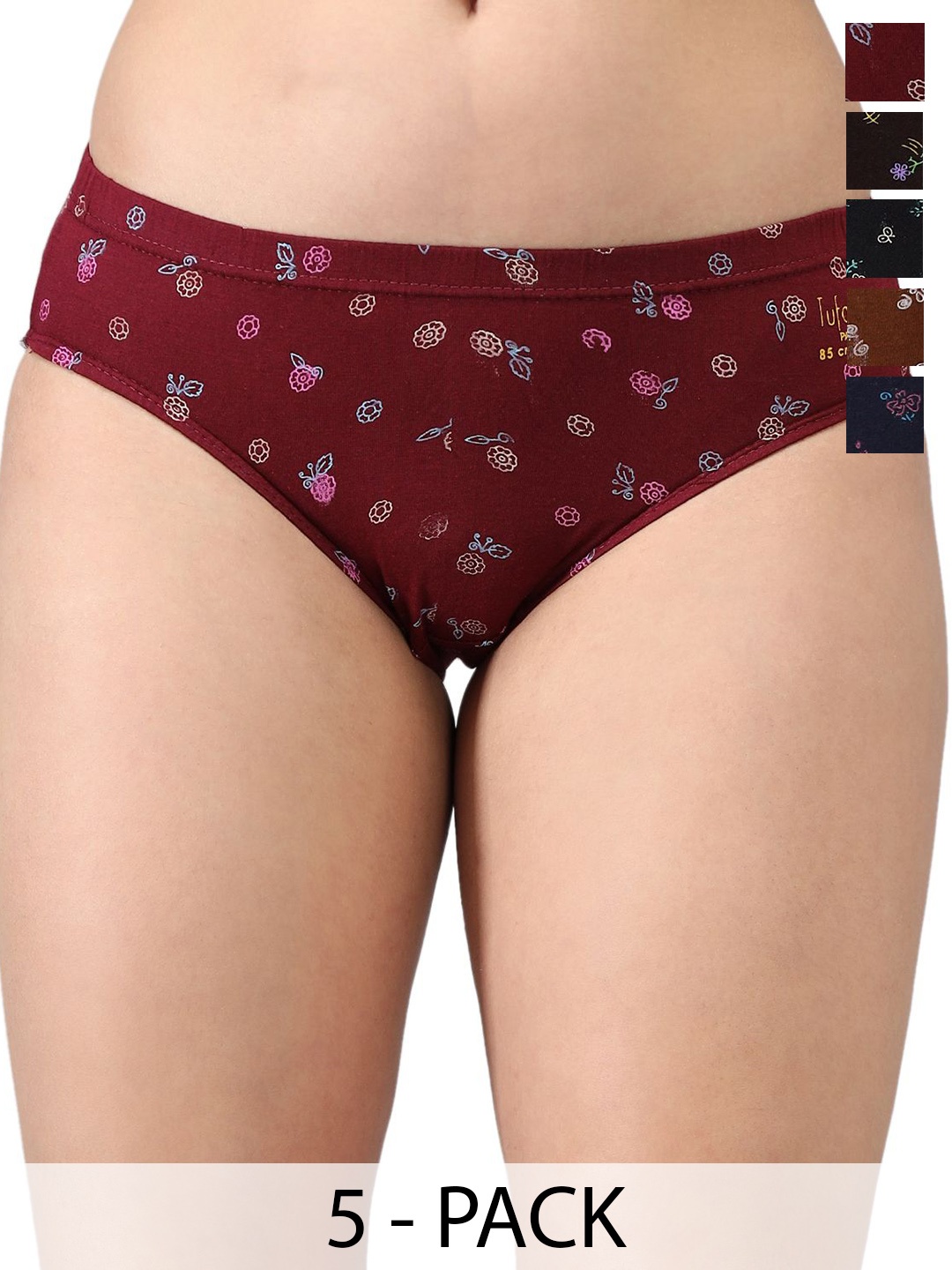 

KANSAL Women Pack Of 5 Printed Cotton Mid-Rise Hipster Briefs, Black