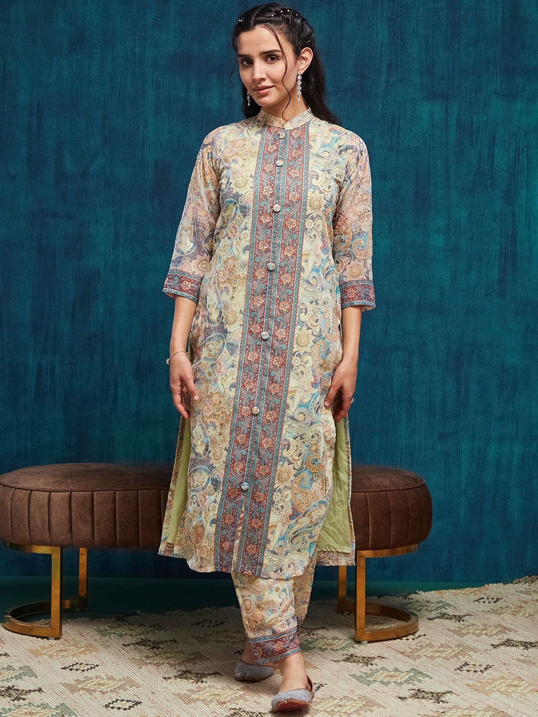 

SANSKAR Women Paisley Printed Regular Kurta with Trousers, Green