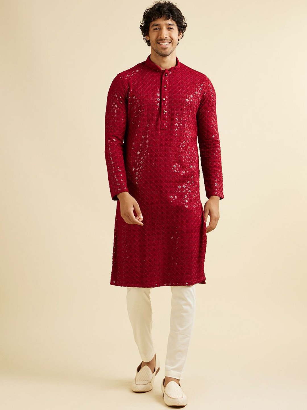 

Manyavar Men Embroidered Regular Sequinned Kurta with Pyjamas, Red