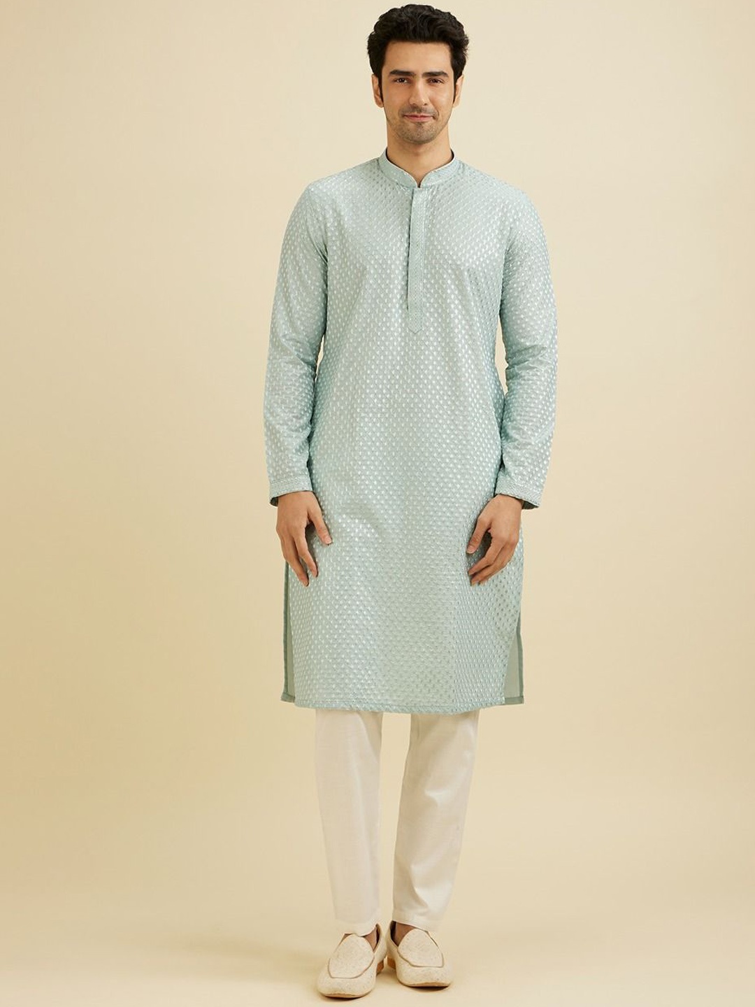 

Manyavar Men Embroidered Regular Sequinned Kurta with Pyjamas, Blue