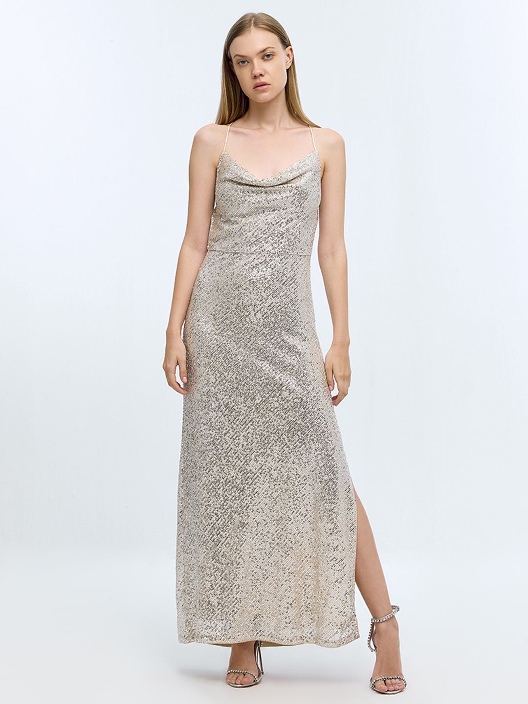 

COVER STORY Embellished Cowl Neck Maxi Dress, Silver