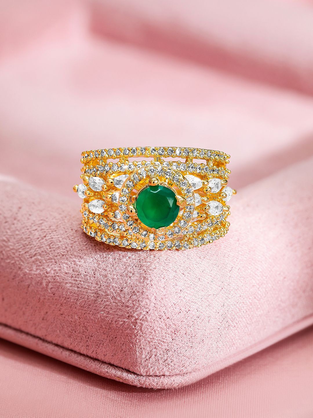 

Rubans 22K Gold-Plated Emerald Green & Cubic Zirconia Studded Adjustable Finger Ring