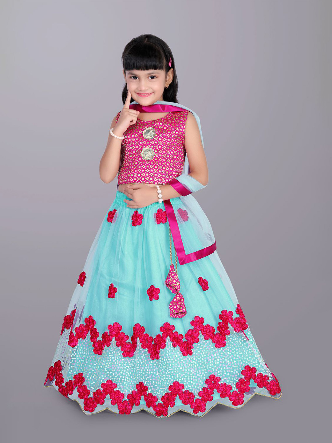

BAESD Girls Embroidered Sequinned Ready to Wear Lehenga & Blouse With Dupatta, Sea green
