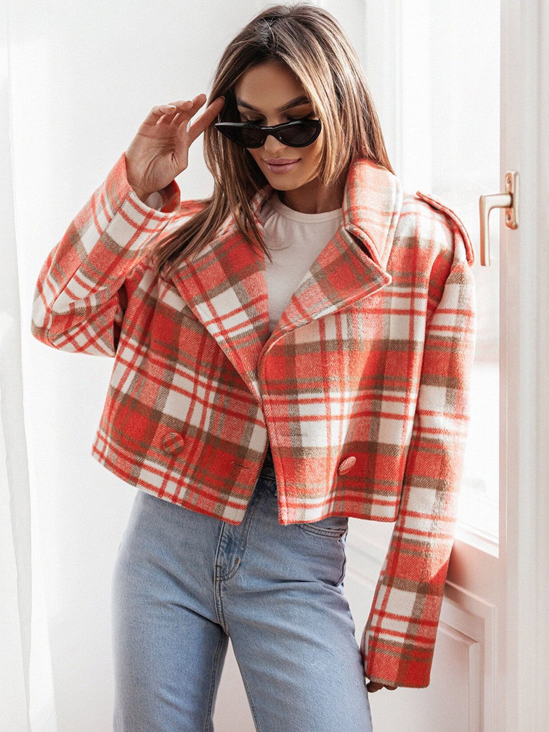 

StyleCast Women Checked Open Front Jacket, Orange