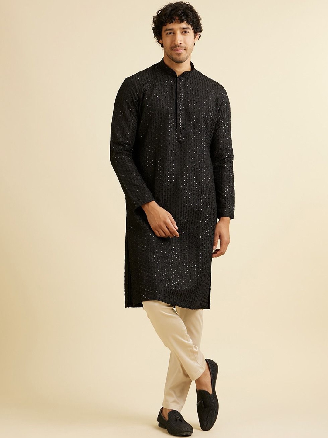 

Manyavar Men Embroidered Regular Sequinned Kurta with Pyjamas, Black