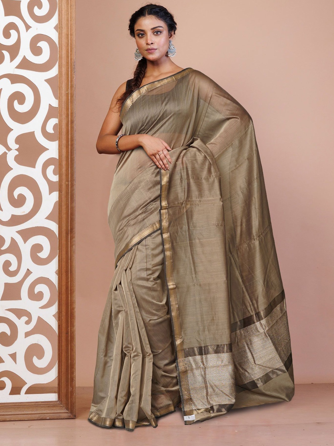 

Unnati Silks Silk Cotton Handloom Maheshwari Saree, Beige