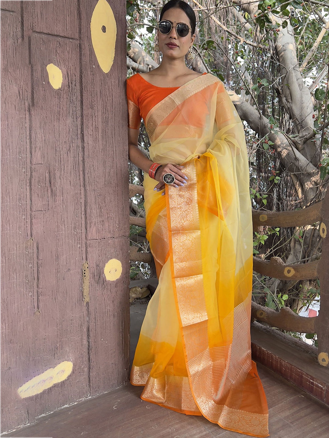 

KALINI Tie and Dye Zari Organza Leheriya Saree, Yellow