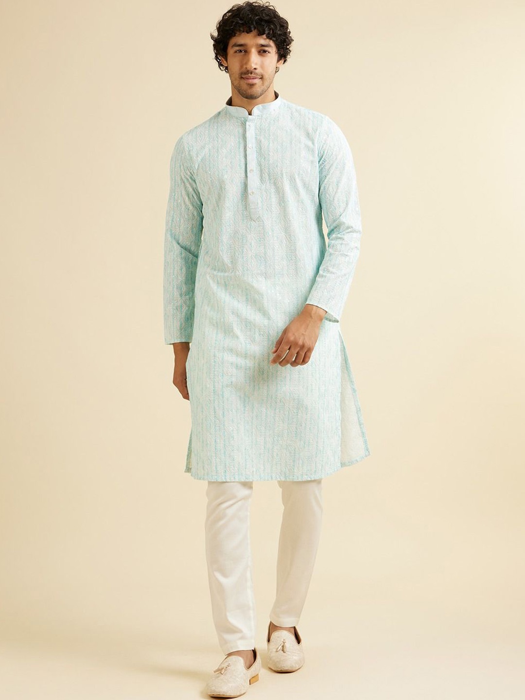 

Manyavar Men Ethnic Motifs Embroidered Regular Sequinned Pure Cotton Kurta with Pyjamas, Green