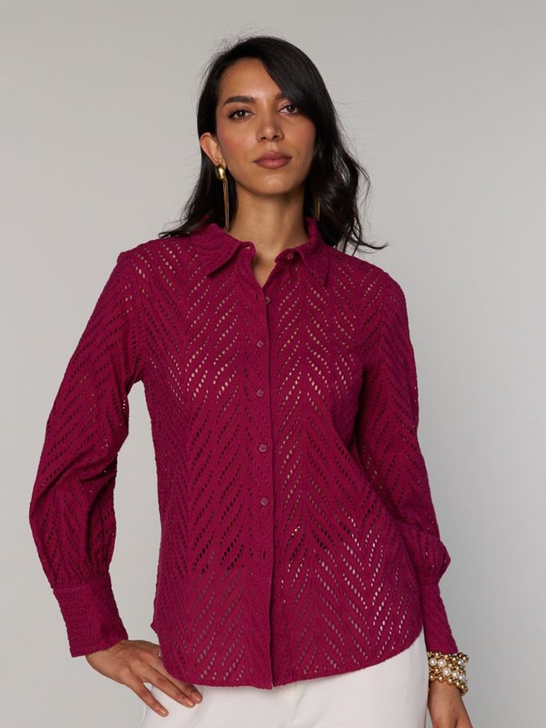 

Style Island Women Floral Opaque Party Shirt, Burgundy