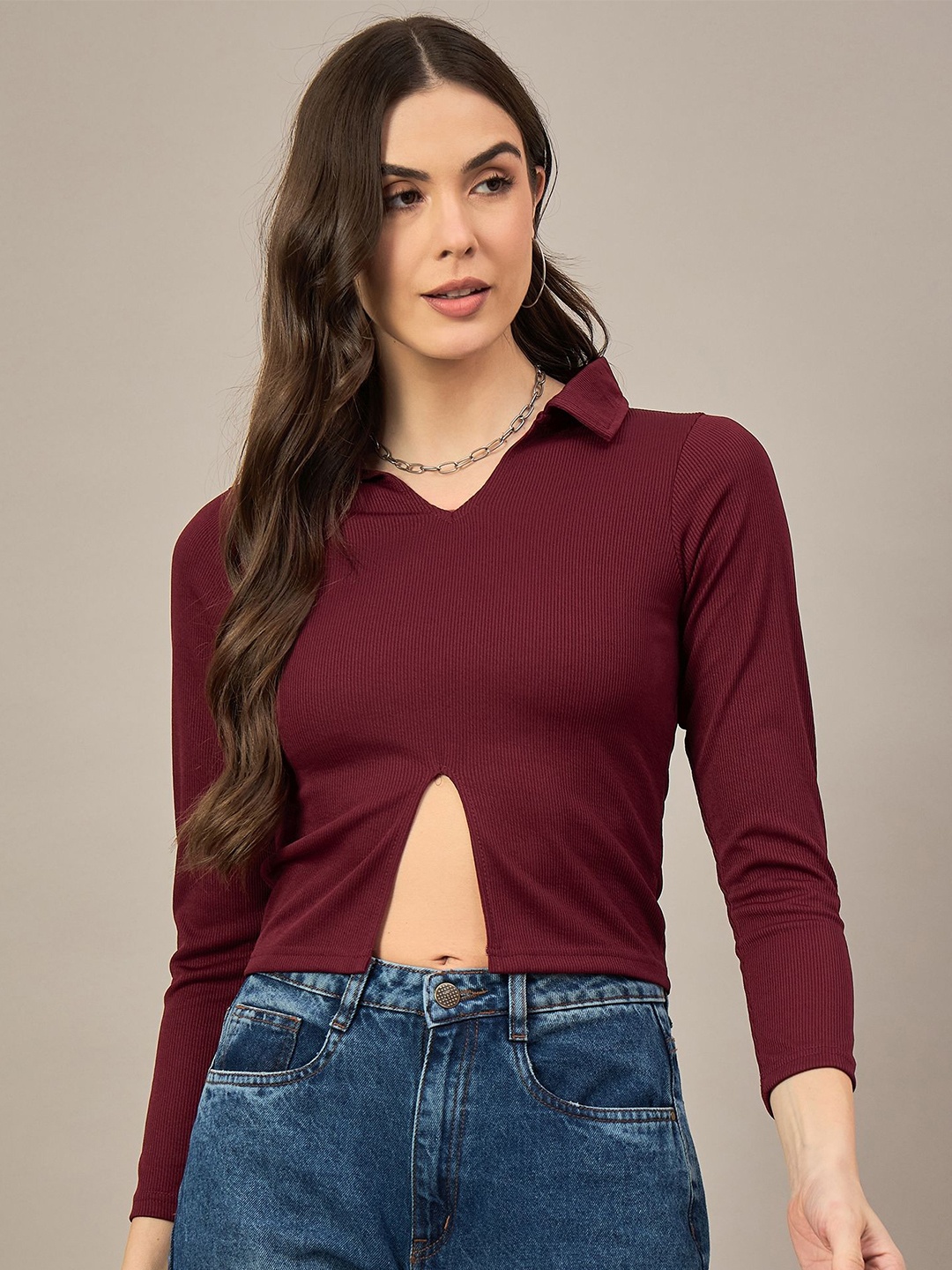 

The Roadster Lifestyle Co Women Shirt Collar Long Sleeves Crop Top, Maroon