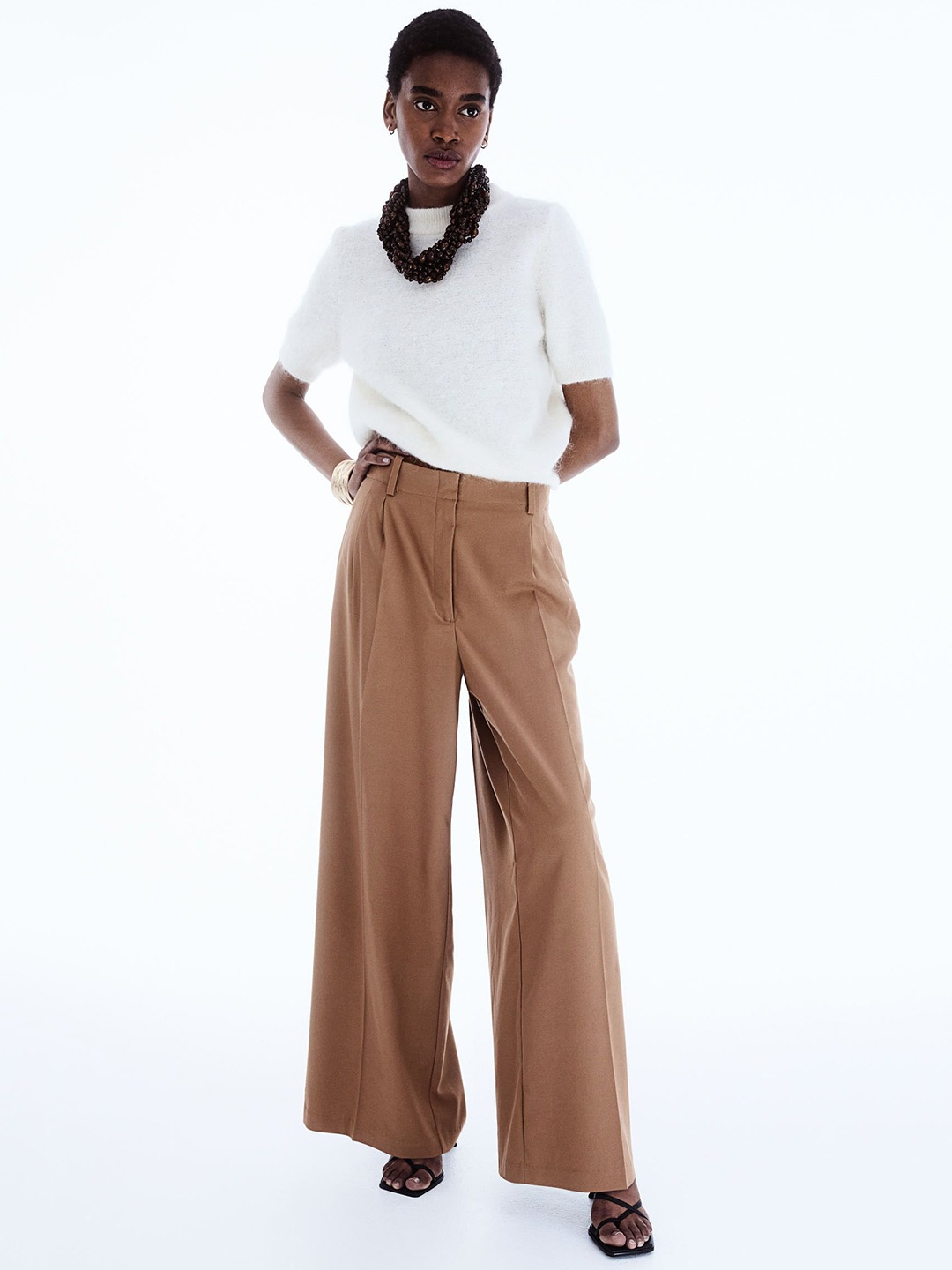 

H&M Wide Twill Trousers, Brown