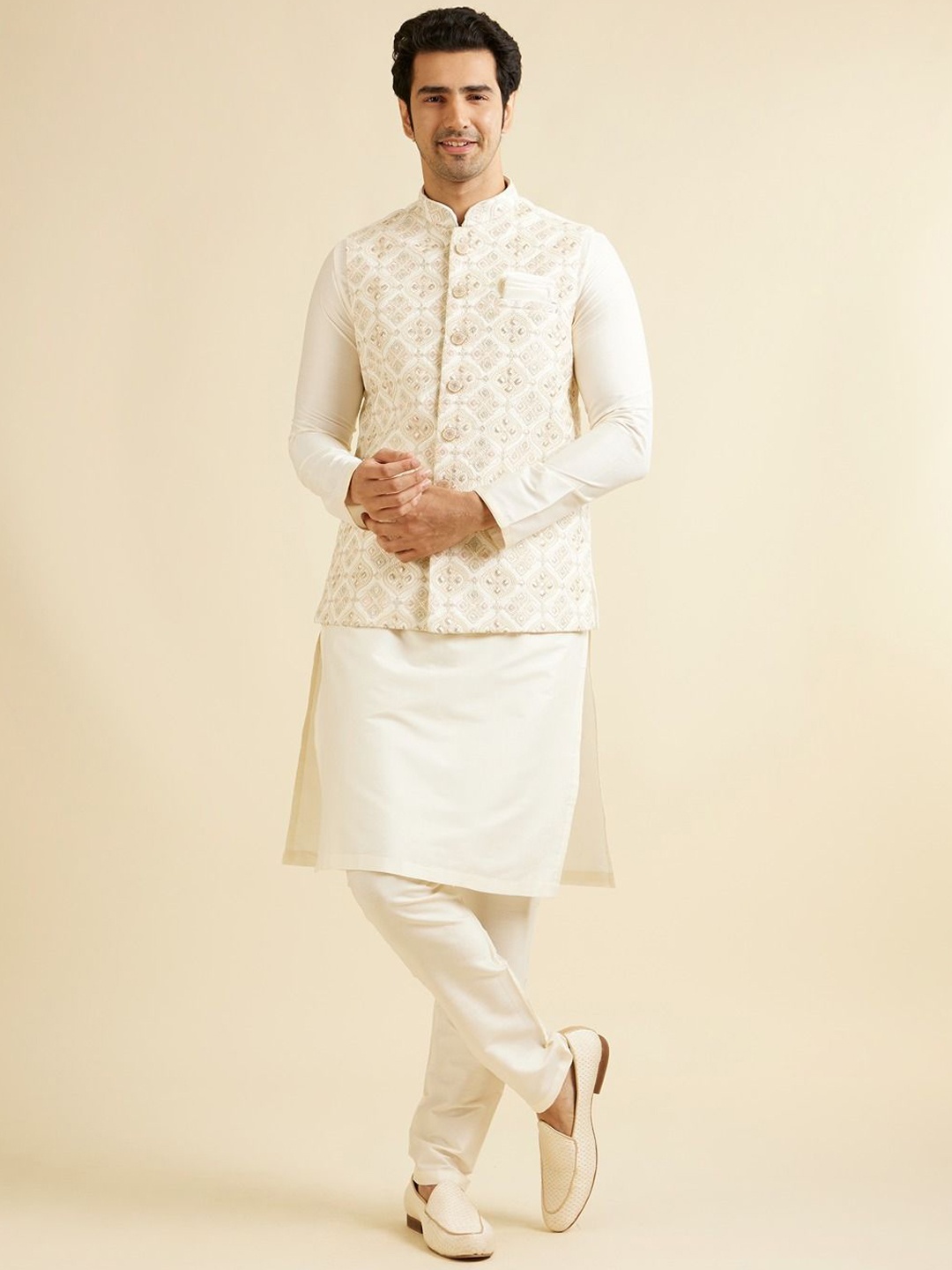 

Manyavar Mandarin Collar Nehru Jackets, White