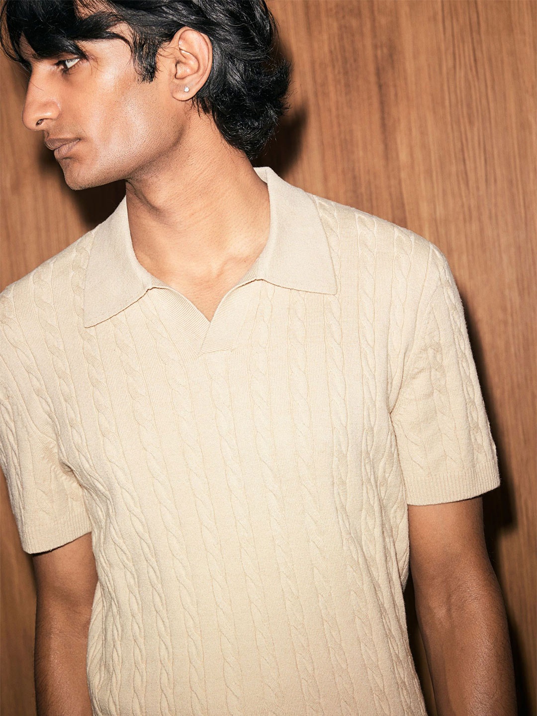 

H&M Cable-Knit Polo Shirt, Beige