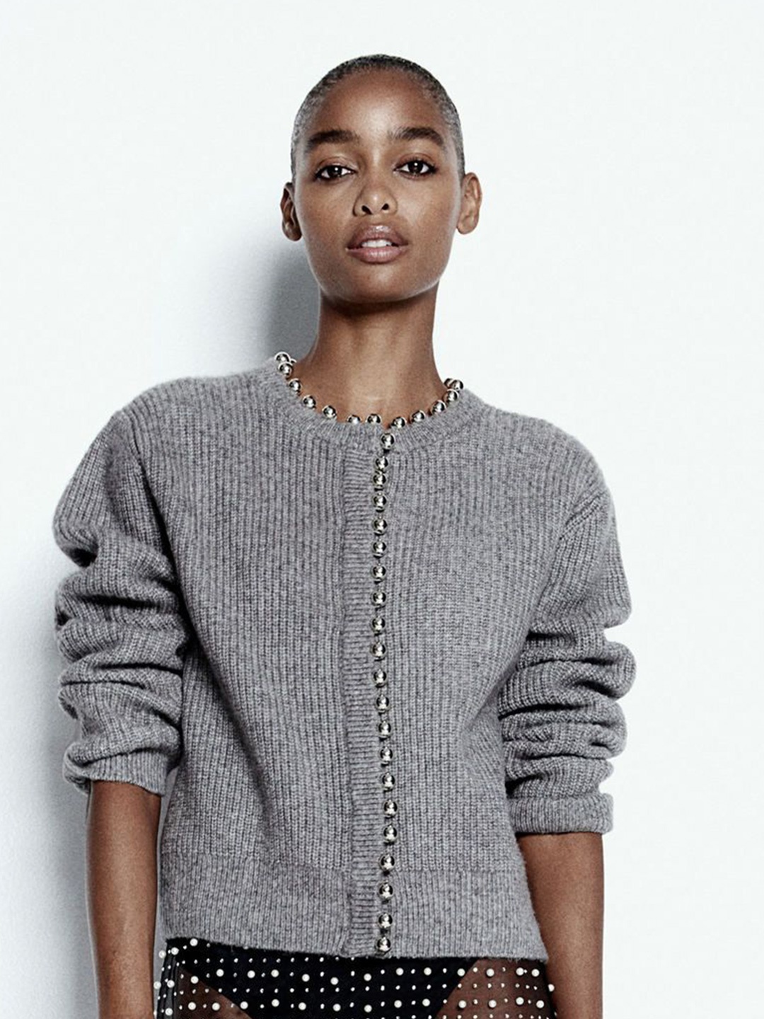 

H&M Bead-Embellished Rib-Knit Cardigan, Grey