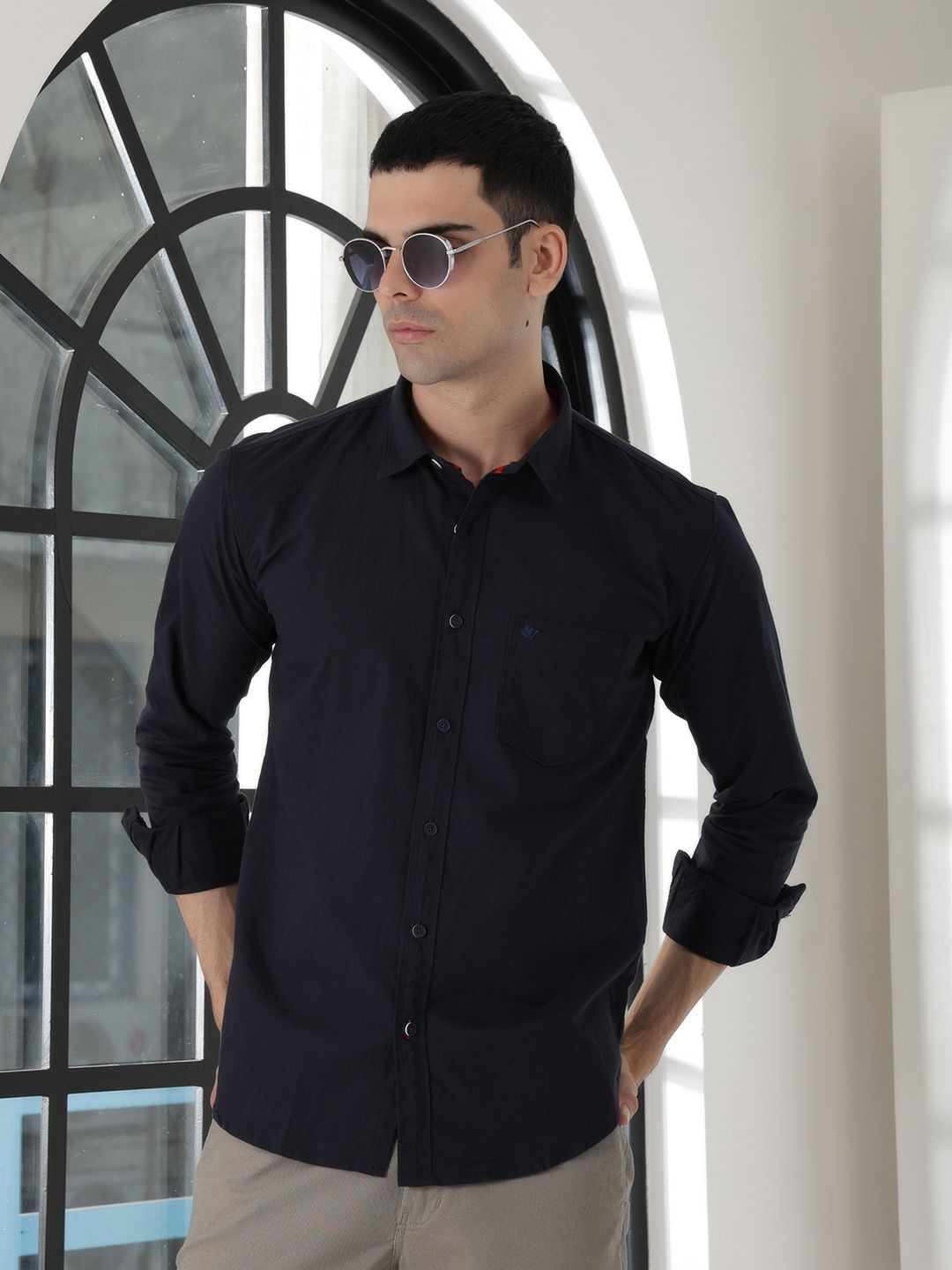 

COBB Men Slim Fit Windowpane Checks Opaque Casual Shirt, Navy blue
