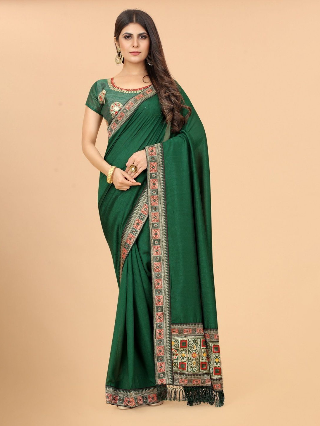 

DHRUTI CREATION Solid Zari Saree, Green