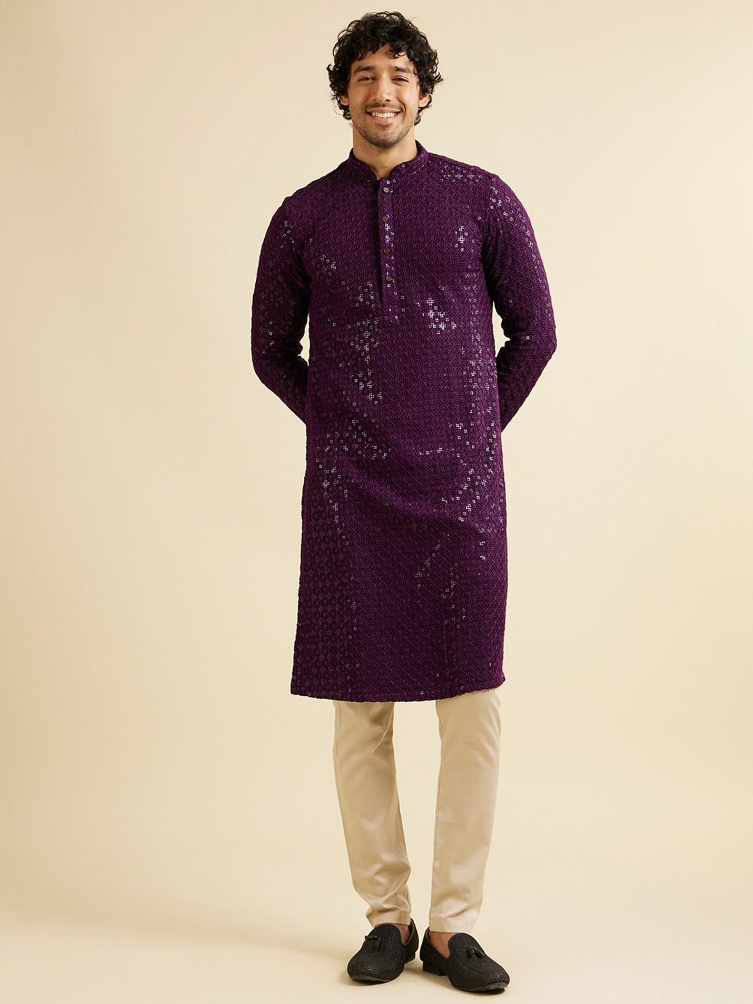 

Manyavar Men Ethnic Motifs Embroidered Regular Sequinned Kurta with Pyjamas, Purple