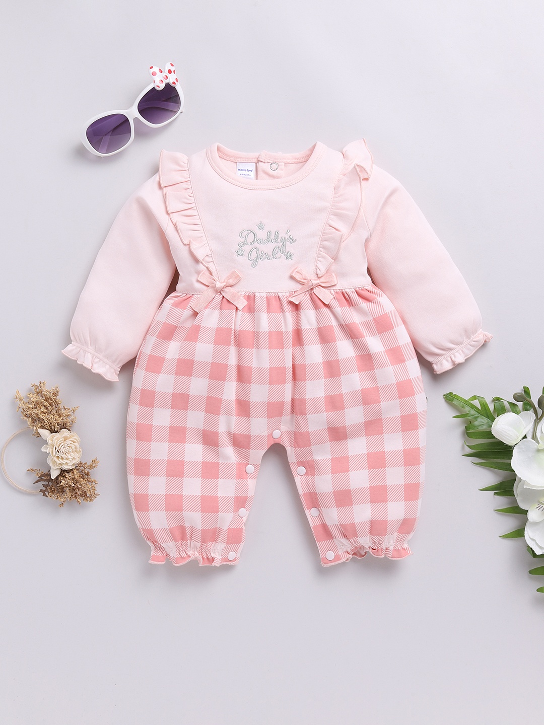 

Moms Love Infant Girls Checked Pure Cotton Rompers With Ruffle Detail, Peach