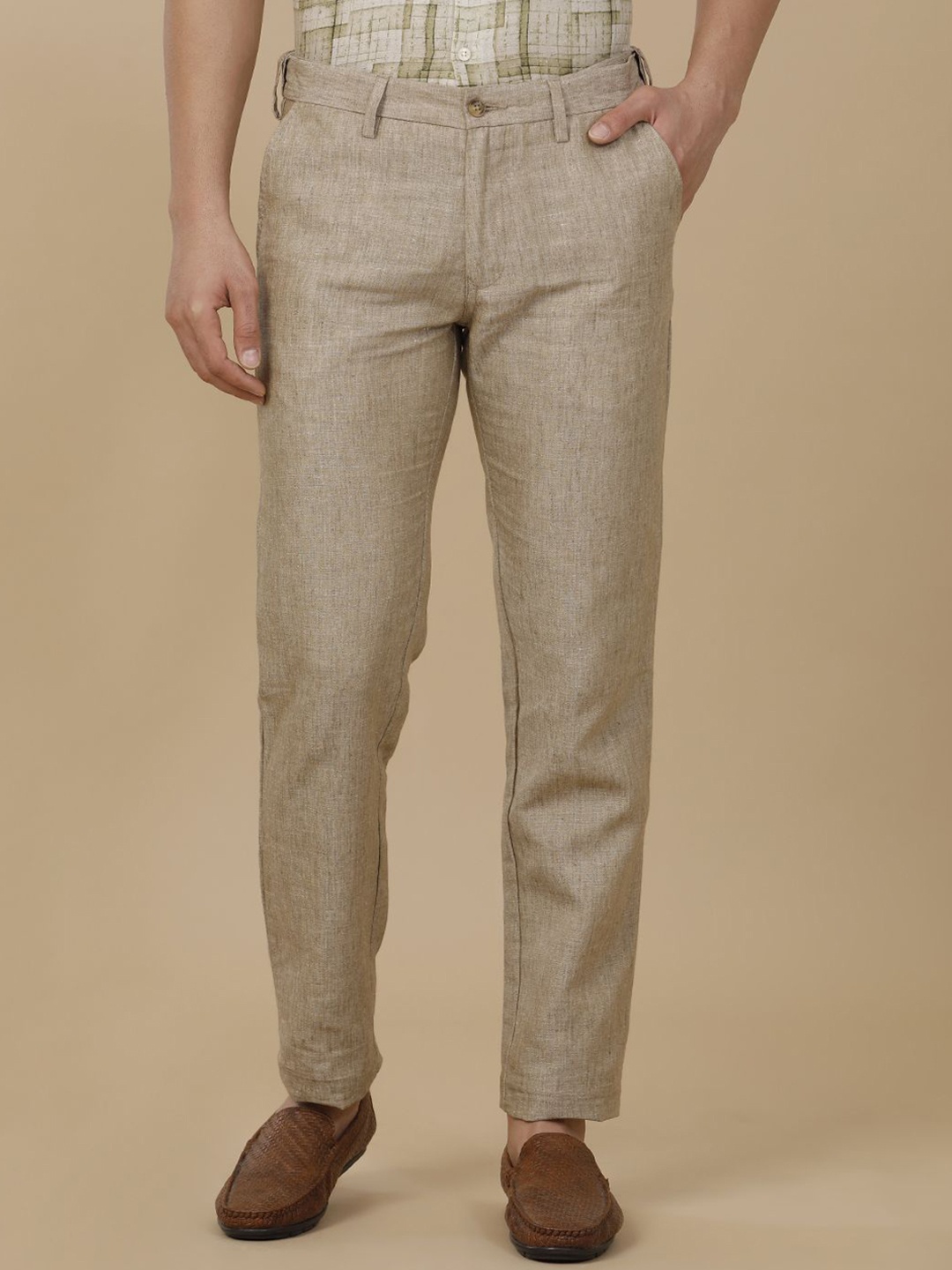 

Linen Club Men Linen Contemporary Fit Casual Trousers, Beige