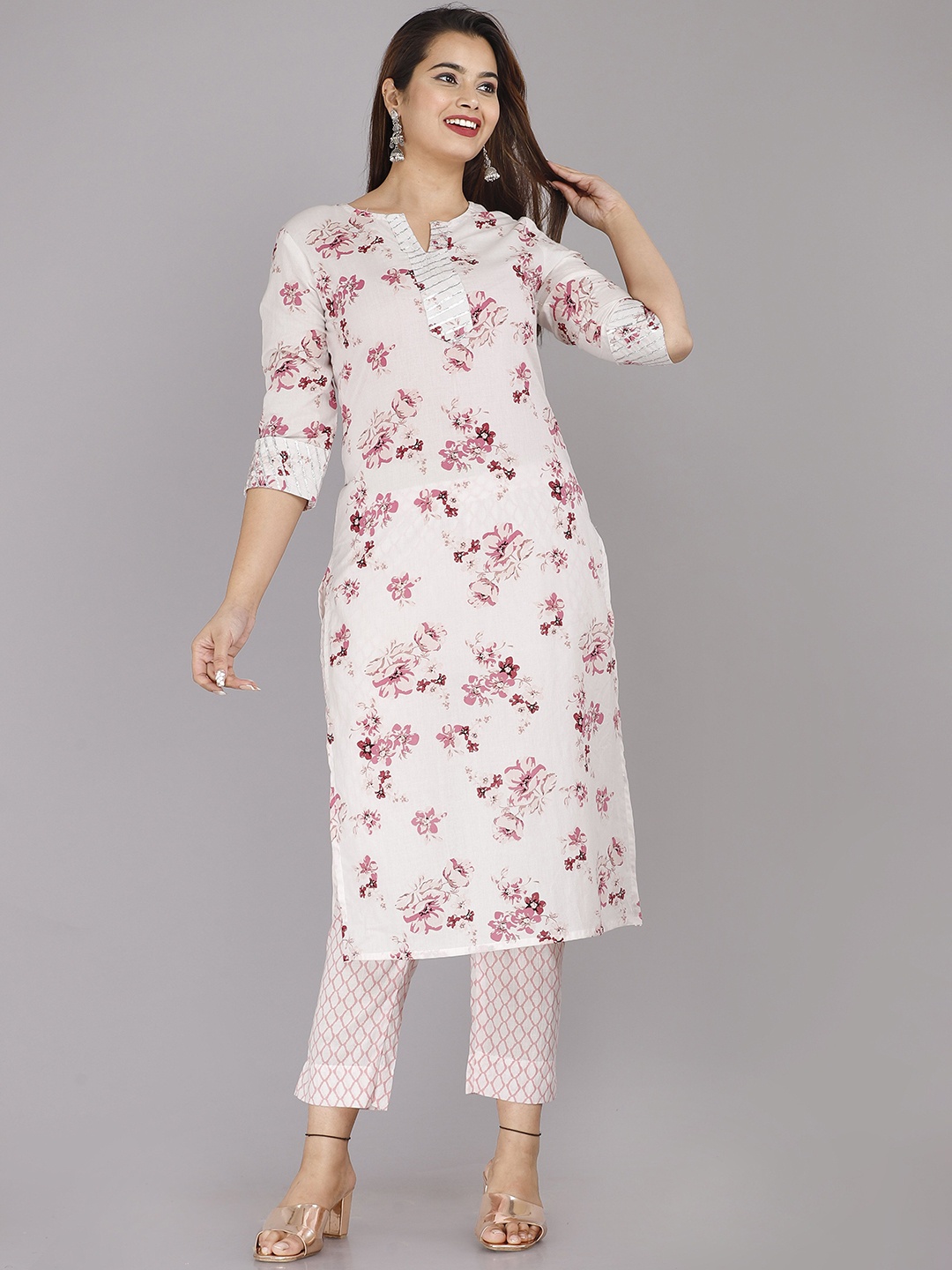 

Badthunia Fab Women Floral Printed Regular Gotta Patti Pure Cotton Kurta with Trousers, White