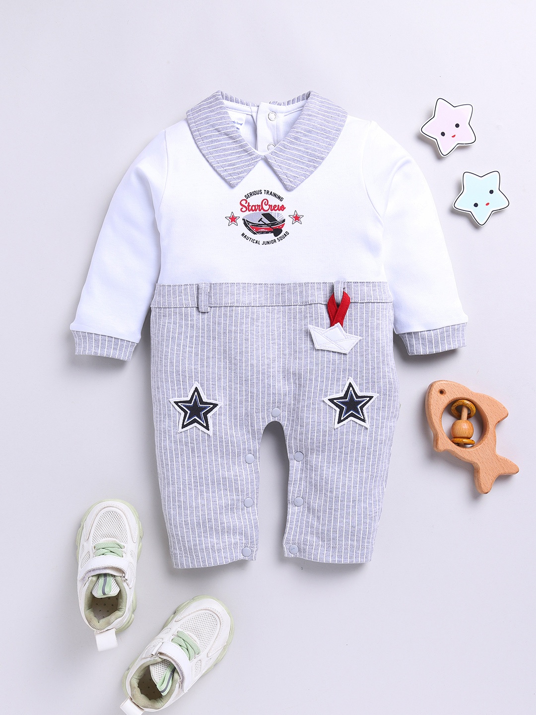 

Moms Love Infant Boys Striped Pure Cotton Party Romper, White