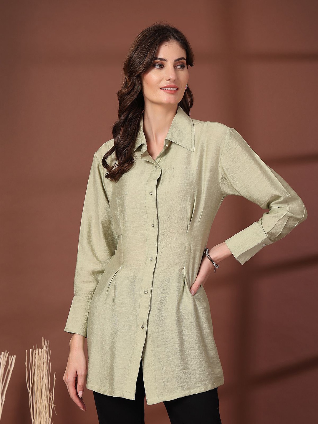 

plusS Women Standard Opaque Casual Shirt, Olive