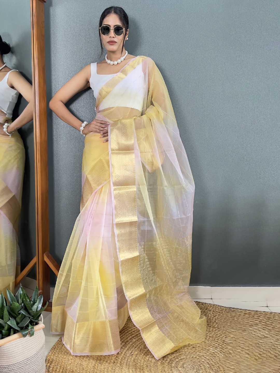 

KALINI Tie and Dye Zari Organza Leheriya Saree, Yellow