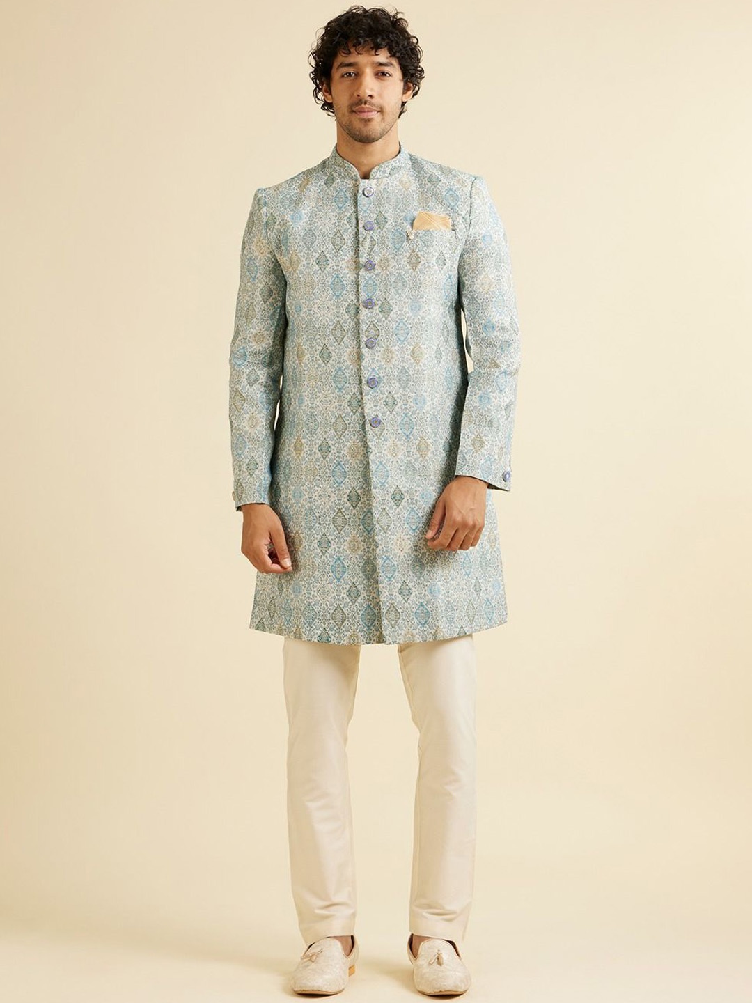 

Manyavar Men Printed Regular Kurta with Trousers, Blue